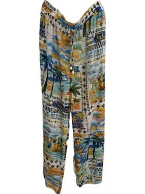 Violet Sky Tropical Print Wide Leg Pants - Blue, Pink, Yellow
